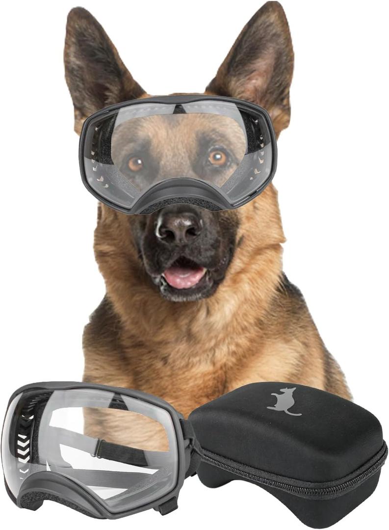 NAMSAN Clear Dog Goggles for Large Dogs, Wide Eyecup & Soft Frame, Anti-UV Sunglasses for Dogs Medium to Large Breed, Driving Dog Eye Protection, Windproof Dustproof, Adjustable, Black Frame