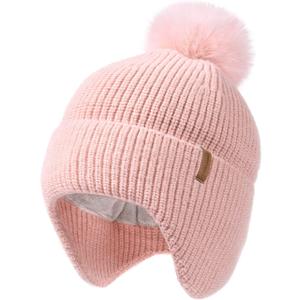 Camptrace Toddler Baby Winter Hat Warm Fleece Lined Knit Kids Hat with Earflap Infant Newborn Pom Beanie Knit Cap Girls Boys (6-24 Months, Pink)