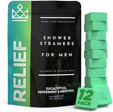 Shower Steamers for Men - Relief - Eucalyptus Peppermint Menthol - Organic Shower Bombs - 12 Pack Natural Relaxing Tablets - Strong Scented Long Lasting Aromatic Steamers - Better Breathe Clear Sinus