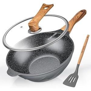 Nonstick Wok and Stir Fry Pan 12.5 inch with Spatula, Die-cast Aluminum Scratch Resistant Healthy Wok with Free-standing Lid