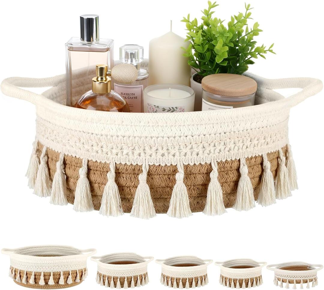 LemonRoad 5 Pcs Round Hand Woven Storage Basket with Handle Multi-size Cotton Rope Small Container Bin for Shelves Empty Gift Basket Closet Toilet Bathroom Nursery Dresser Organizer Boho Decor (Brown)