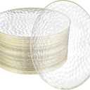 R-kay 100 Pack Clear Plastic Plates For Wedding - 10 IN Hammered Gold Rimmed Sturdy, Durable And Extra Heavy duty Gold Plastic Plates For Party - Bulk Disposable Plates For Weddings
