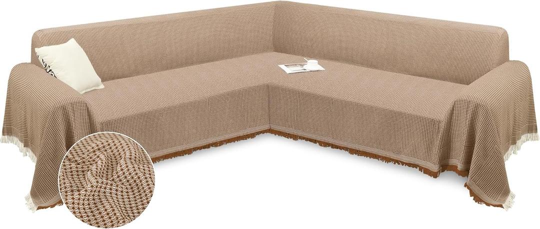 Arfntevss Sectional Couch Covers L Shape Washable Sofa Cover for Sectional Sofa Soft Reversible Waffle Soft Corner Slipcovers with Tassel Boho Large L Shaped Furniture Protector (Large, Light Brown)