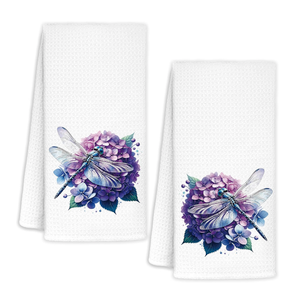 Purple Dragonfly Hydrangea Floral Kitchen Towels, Dragonfly Gifts for Women Hand Towels for Bathroom, Rustic Cottagecore Flower Insect Decorative Dish Tea Towel, 16x24 Inch Set of 2