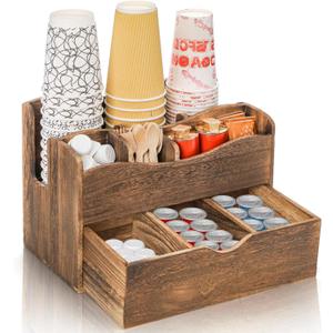 Coffee Station Organizer, Wood Countertop Coffee Bar Supplies Caddy with 6 Compartments, Condiment Service Organizer Tea Holder for Coffee Cups, Syrup, Stirrers