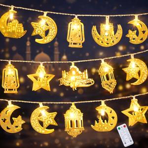 Ramadan Decorations String Lights, Metal Moon Star Battery Operated 10ft 20 LED Ramadan Lights with Remote, Timer & 8 Lighting Modes, Islamic Decor for Home Wall Fireplace Eid Mubarak Party