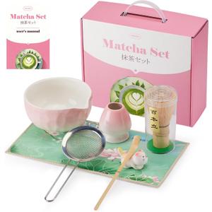 7 Pcs Matcha Whisk Set, Matcha Set Pink,Matcha Kit,Matcha Tea Set,Matcha Bowl Set with Pink Cat Scoop Holder, Tea Cloth, Sifter(Gradient Pink)