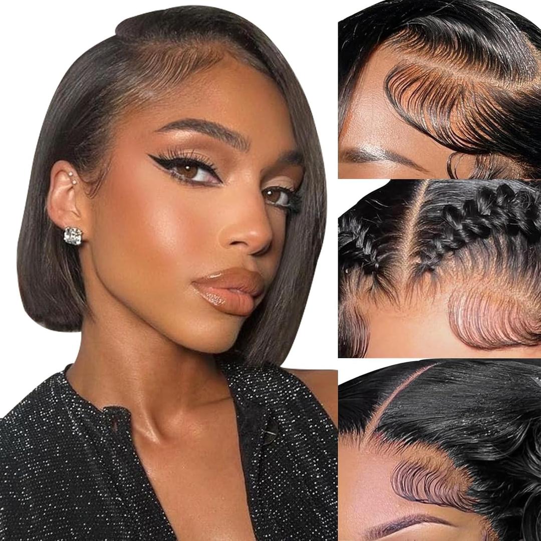 Bob Wig Human Hair 13x4 HD Lace Frontal Short Straight Lace Front Bob Wigs for Black Women Human Hair Pre Plucked Glueless Side Part 180% Density Black Color, 12 Inch