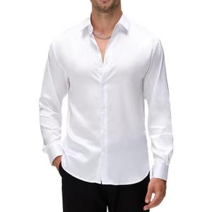 Alex Vando Mens Luxury Satin Dress Shirt Long Sleeve Silk Shiny Sateen Party Shirt (White, M)