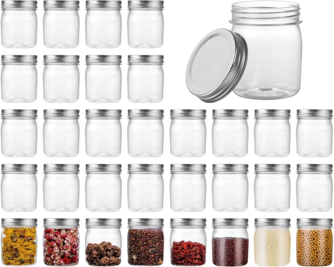 Naivees Plastic Mason Jars Reusable Storage Containers with Silver Airtight Lid 8 Ounce Clear Jars for Dry Foods, Coffee,BPA Free (32 Pack-Black)