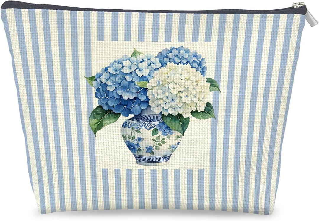Chinoiserie Blue Hydrangea Floral Makeup Bag Gifts for Women, Grandmillennial Botanical Flower Cosmetic Bag, Blue and White Striped Zipper Makeup Pouch Travel Toiletry Bags