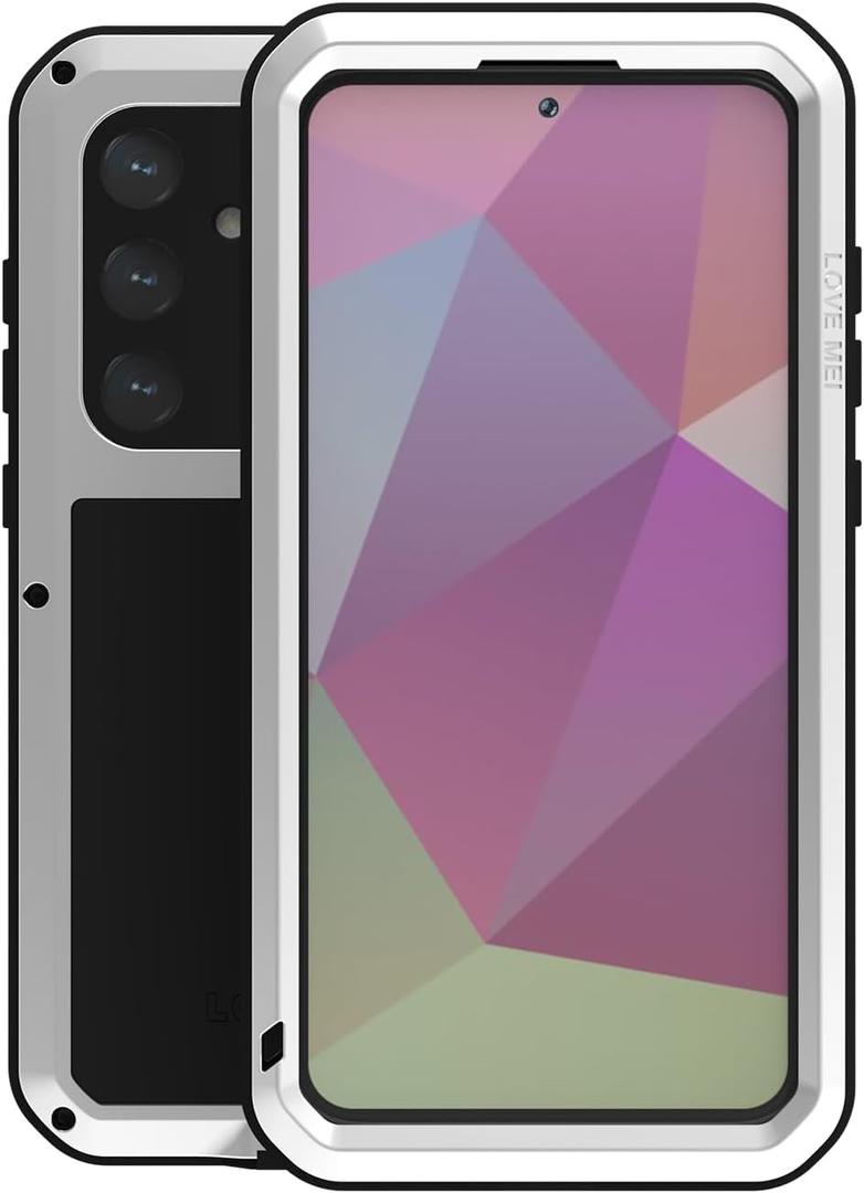 LOVE MEI Military Rugged Case for Samsung Galaxy S24 Plus, with Tempered Glass Screen Protector, Shockproof Dustproof Scratch Proof Hybrid Metal and Silicone Gel Heavy Duty Full Body Cover Silver