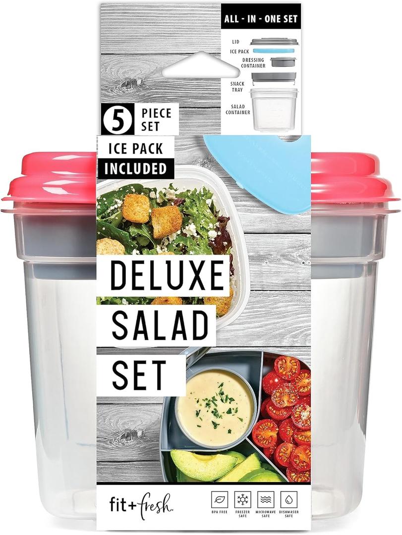 Fit & Fresh Pink Salad Container For Lunch, 4 Cup Adult Salad Lunch Box With Compartments & Ice Pack