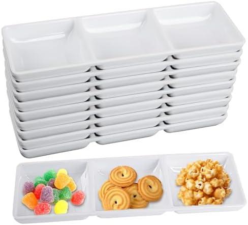 20 Pcs 3 Compartment Appetizer Serving Tray, Plastic 3 Section Dessert Platters Rectangular Divided Plate Compartment Serving Dishes Dipping Sauces Dinner Buffet Restaurant Kitchen
