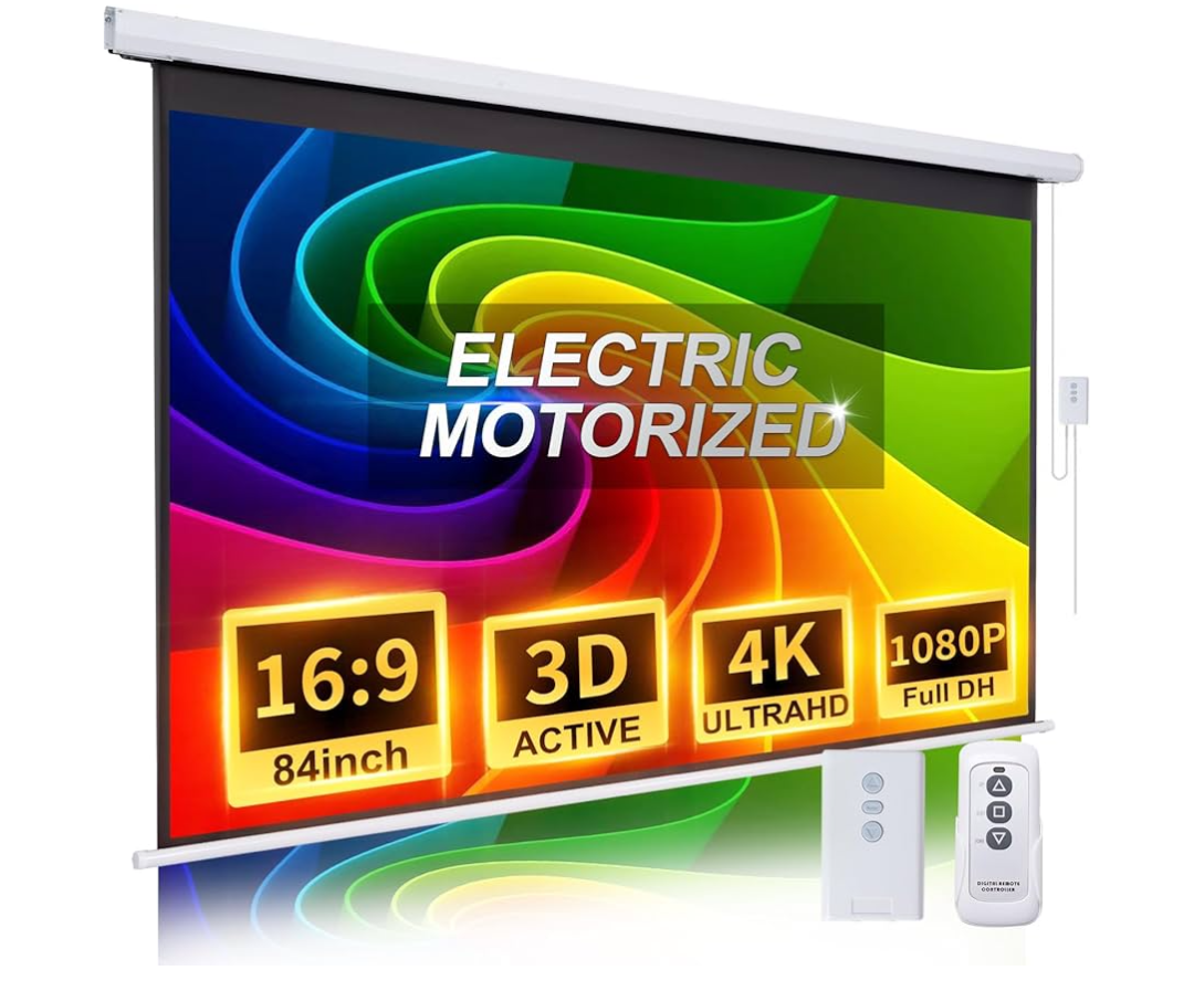 Pull Down Projector Screen Motorized 84 Inch 16:9 HD Electric Small Projector Screen Portable with Remote, Automatic Projector Screens Wall Ceiling Mount White Movie Screens for Outdoor Indoor