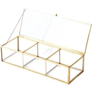 Vintage Golden Glass Lidded Box Clear Glass & Brass Metal Storage Jewelry and Cosmetic Makeup Organizer with Lid Beauty Display, Rectangle with 3 Compartment