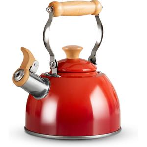 ROCKURWOK Tea Kettle, Tea Pot with Cool Touch Ergonomic Handle, Teapot Food Grade Stainless Steel, Tea Kettle Stovetop, Kettle Teapot, Whistling Tea Kettle, Small Tea Kettle, 1.6 Quart (Red)