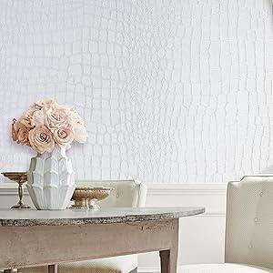 Cismmy Peel and Stick Wallpaper White Crocodile Wallpaper 15.7" X 393" Removable Contact Paper Easy Peel Off Wallpaper Renter Friendly Textured Wallpaper for Cabinet Bedroom