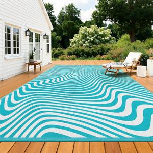 Vaukki Waterproof Outdoor Rug 9x12 Teal Striped Patio Mat