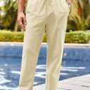 PASLTER Men's Cotton Linen Pants Elastic Waist Drawstring Casual Trouser Lightweight Straight-Legs Loose Beach Yoga Pants (White, L)