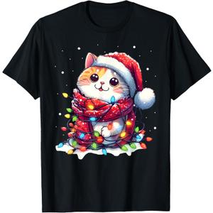 Funny Santa Cat Tangled Up in Christmas Lights Holiday Xmas Men Women Kids T-Shirt