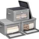 Thick Fabric Storage Bins with Lids, Collapsible Storage Box Closet Shelf with Clear Window, Decorative Baskets for Clothes, 3 Set, Grey, Medium