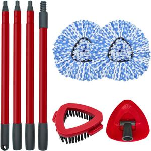 Spin Mop Replace Head, Base, Scrubber, Mop Handle for OCedar RinseClean 2-Tank System, Include 2 Microfiber Mop Refills, 1 Mop Handle, 1 Base and 1 Scrub Brush for Dry Wet Use Floor Deep Cleaning