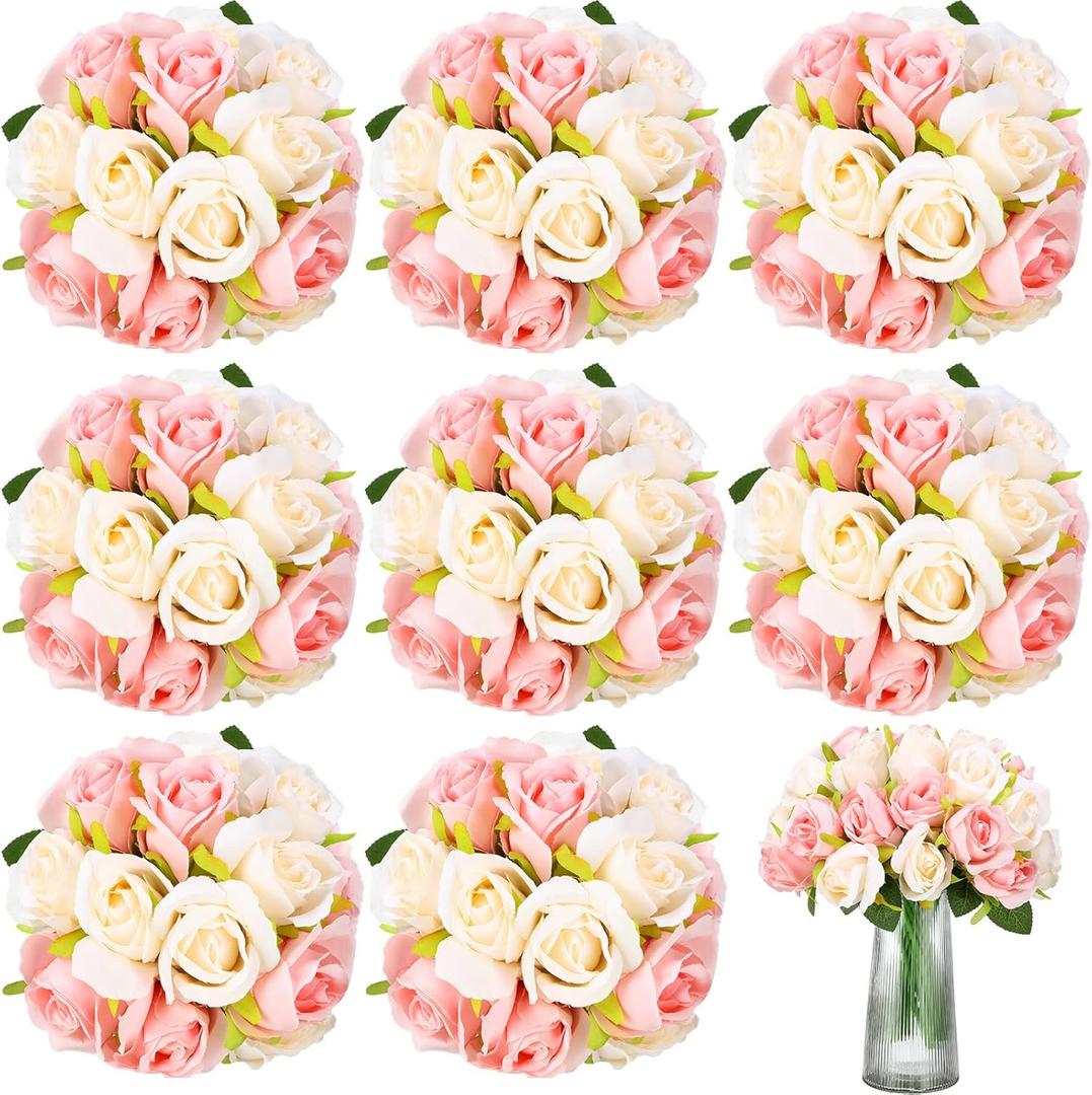 Tigeen 96 Heads 8 Bouquets Artificial Rose Flowers Bouquet Flower Roses with Stems Fake Roses Wedding Floral Arrangements Centerpiece for Home Table Bridal Party Decor, Champagne and Pink