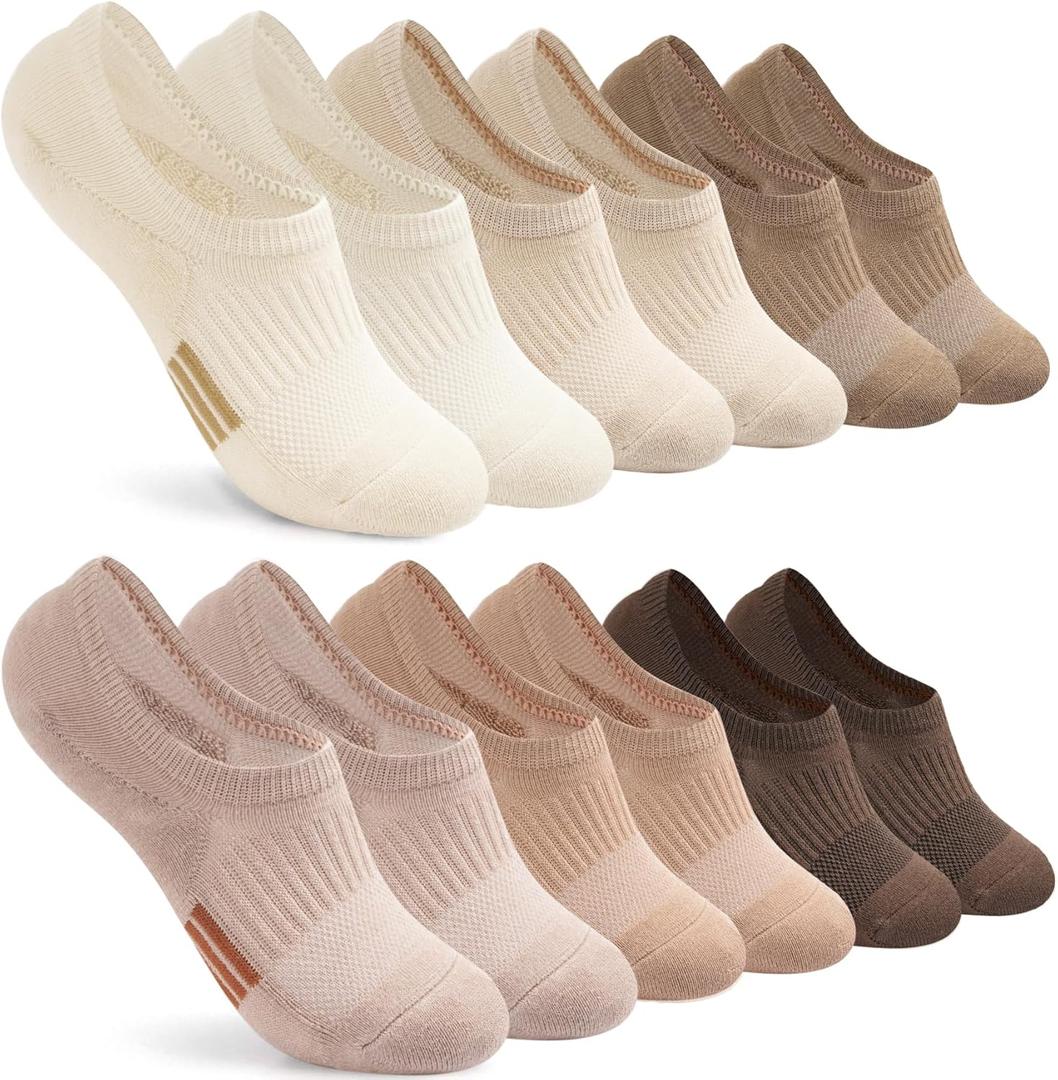 Toes Home No Show Socks Womens Cushioned Low Cut Athletic Hidden Liner Socks for Sneakers Footies Ankle Sports Invisible Running Socks 6 Pairs, Tan, Size 6-9