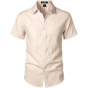 JEMITOP Men's Stretch Textured Short Sleeve Button Down Shirts Summer Casual Beach Wedding Vacation Button up Shirt Beige L