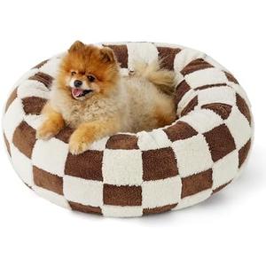 LE SURE Donut Small Dog Bed - Round Cat Beds Indoor Anti-Anxiety Calming Present for Pets, Washable Cute Modern Beds with Jacquard Shaggy Plush & Anti Slip Bottom，23 Inch, Brown Checks, 23.0"L x 23.0"W x 7.0"Th