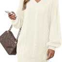 VAFOLY Women's Pullovers Jumper Sweaters Lantern Sleeve Casual V Neck Fall Knit Mini Sweater Dresses, Beige, XL