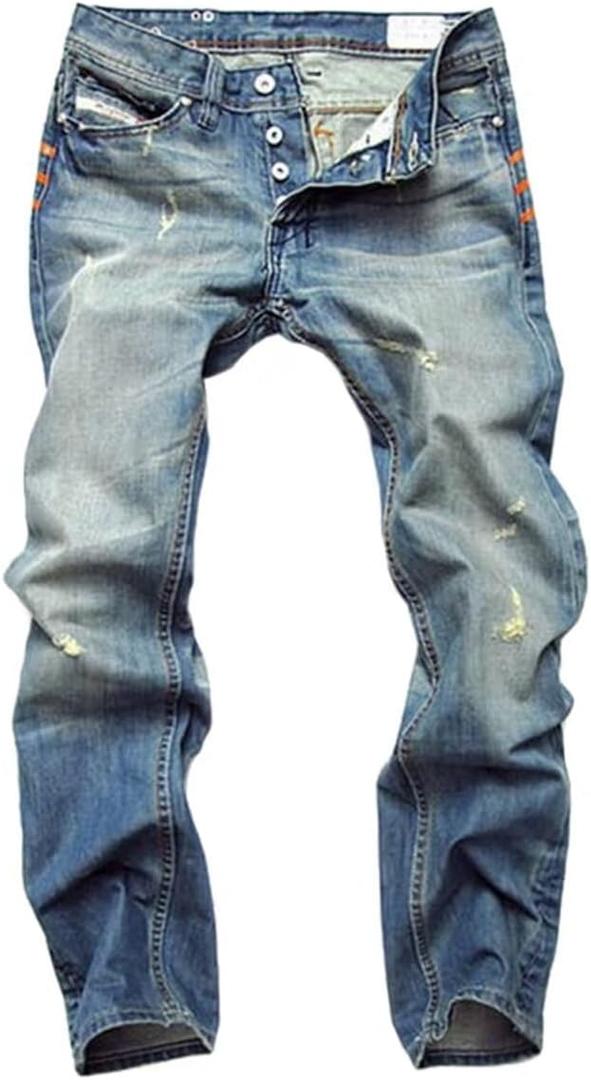 ACEFAST INC Men Ripped Straight Denim Jeans Retro Button Fly Pants Fashion Trousers Blue Size 33