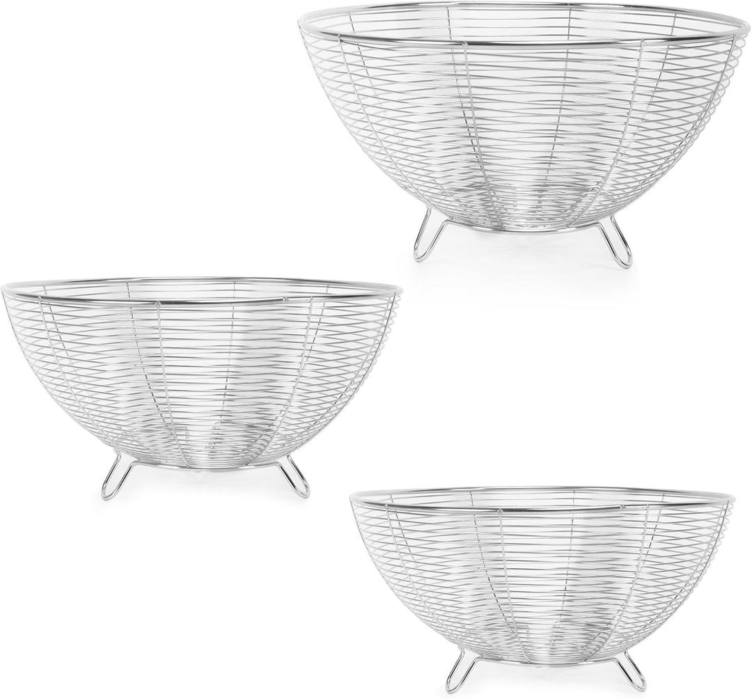 Livabber Wire Fruit Bowl, Stainless Steel Fruit Basket For Kitchen Counter, Large Capacity Storage Holder Tabletop Organizer For Vegetables Breads Snacks (Chrome, 3 Pack)