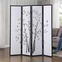Bamboo Print Room Divider, Black 4-Panel Screen - Privacy & Decor, 72"W x 1"D x 71"H