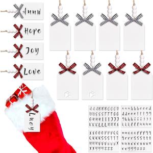 Jetec 12 Pcs Christmas Stocking Name Tag Xmas DIY Personalized Wooden Dog Stocking Hanging Tags with Buffalo Plaid Bow and 4 Letter Sticker for Holiday Christmas Ornaments Home Decor(White)