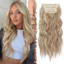 FESHFEN Clip in Hair Extensions - 4 PCS Long Wavy Thick Highlighted Clip in Hairpieces Full Head Synthetic Hair Extension for Women, Caramel Brown Mixed Beige Blonde 20 Inch