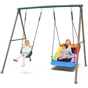 Hapfan Swing Sets for Backyard with 45" Platform Saucer Swing and Belt Swing, 440 lbs Swingset Outdoor for Toddler and Kids 3-8 Backyard NEVER OPENED