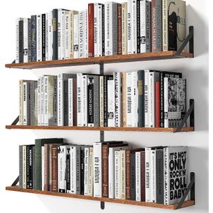 Heimlove Floating Shelves for Wall, 36 Inch Long Wood Floating Bookshelf Set of 3, Wall Mounted Hanging Shelf for Bathroom Bedroom Kitchen, Rustic Brown, 35.43"W x 5.9"D x 5.4"H,Set of 3