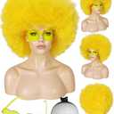 BESTBEL+Hair Cap Yellow Afro Wig and Sunglasses Short Yellow Wigs Afro Clown Wig for Halloween Disco Party Outfits Funny Wigs for Adults Cosplay Costume Fluffy Bouncy Synthetic Hair