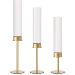 Gold Candle Holders Set of 3 Decorative Taper Candlestick Holders with Windproof Glass for Wedding Reception, Home Decor, and Holiday Centerpieces Elegant Heights of 14'', 16.5'', 18.8''