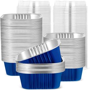 50 Pcs Aluminum Foil Baking Cups with Lids 10 oz Square Baking Cups Disposable Ramekins with Lids for Flans Snacks Pudding Pan Tin Wedding Catering Party Favor (Royal Blue) (Royal Blue)