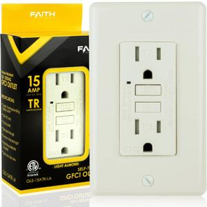 Faith 15A GFCI Outlet, ETL Listed, Tamper-Resistant GFI Duplex Receptacles with LED Indicator, Self-Test Ground Fault Circuit Interrupter with Wall Plate (1 Pack, Light Almond)