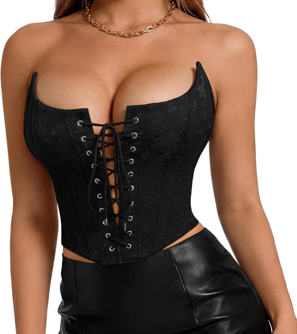 VONMELLI Corset Tops for Women Lace Up Overbust Bustier Strapless Backless Women's Corset Crop Top