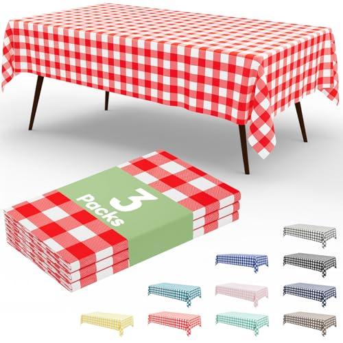 Smiry 3 Packs Gingham Disposable Table Cloth, 54 x 108 Inch Waterproof Plastic Tablecloth, Rectangle Red and White Checkered Table Covers for Picnic, Birthday, Party