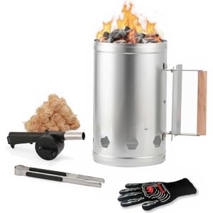 WILLBBQ Charcoal Chimney Starter Great for Fireplace, BBQ, Fire Pits, Barbecues, Chimineas, Campfires, Pizza Ovens - Zinc Steel BBQ Kit, 20 Starters, Heat Resistant Gloves Blower(Bright Silver)