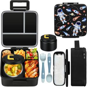 MAISON HUIS Bento Lunch Box with 8oz Soup Thermo, 5-Compartment Leak-Proof Container, Thermo Hot Food Jar and Insulated Lunch Bag, BPA Free, Travel, School (Black-Astronaut2)