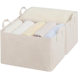 StorageWorks Storage Bins, Fabric Storage Bins for Shelves, Large Storage Baskets with Metal Frame, Closet Baskets and Bins with Handles, Khaki and Beige Stripes, 2-Pack