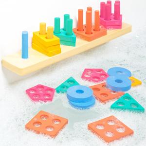 Tub Works Splash, Stack & Sort Shape Sorter & Stacking Toddler Bath Toy | 20 Foam Pieces | Color Sorting & Shape Stacking Kids Bath Toys | Floats & Sticks to Tub Walls | Early Learning Bathtub Toys