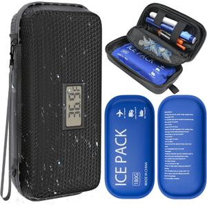 Insulin Cooler Travel Case TSA Approved Diabetic Medicine Cooling Bag with Digital Temperature Display, 2 Ice Pack (Black)